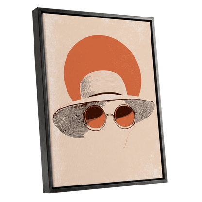 Sunshade Silhouette, beige, orange, brown minimalist wall art shown as a black framed canvas wall art