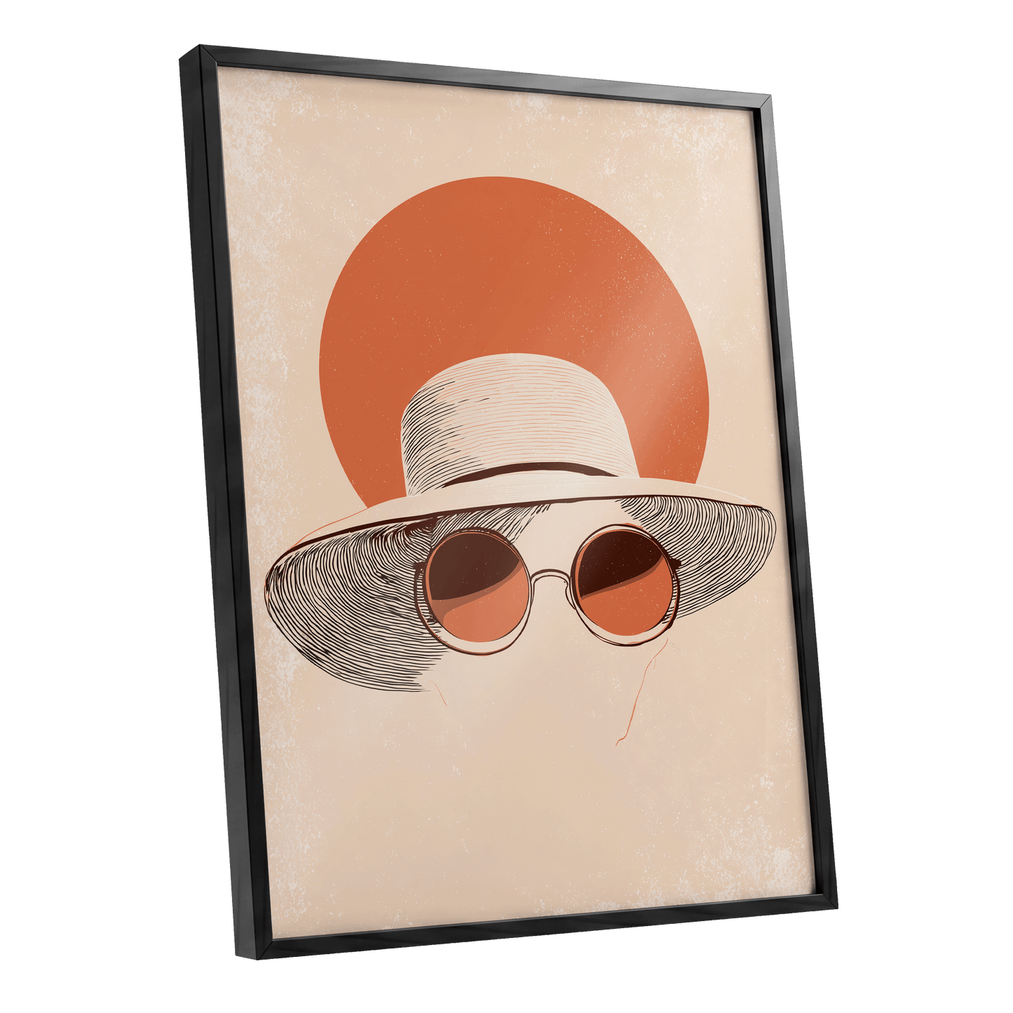 Sunshade Silhouette, beige, orange, brown minimalist wall art shown as a black framed poster wall art print