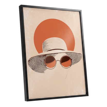 Sunshade Silhouette, beige, orange, brown minimalist wall art shown as a black framed poster wall art print