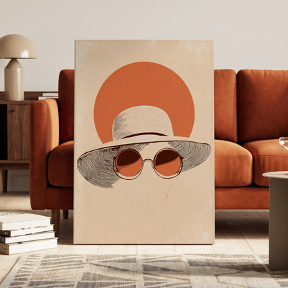 Sunshade Silhouette, beige, orange, brown minimalist wall art on canvas displayed in a styled interior, gallery view 1