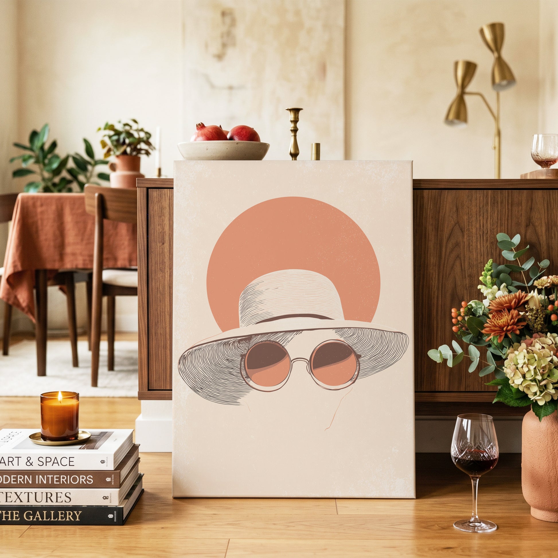 Sunshade Silhouette, beige, orange, brown minimalist wall art on canvas displayed in a styled interior, gallery view 2