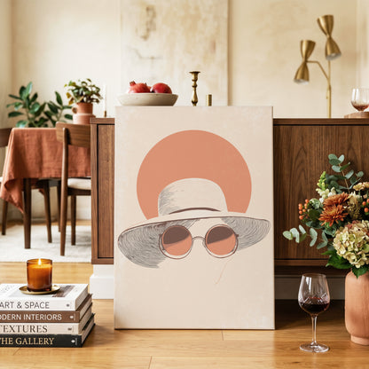 Sunshade Silhouette, beige, orange, brown minimalist wall art on canvas displayed in a styled interior, gallery view 2