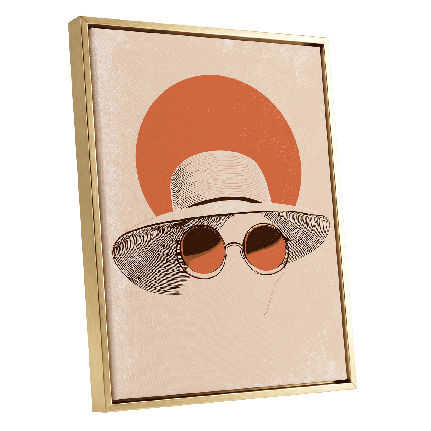 Sunshade Silhouette, beige, orange, brown minimalist wall art shown as a gold framed canvas wall art