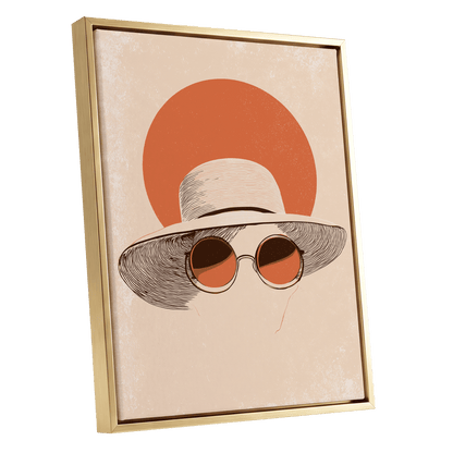 Sunshade Silhouette, beige, orange, brown minimalist wall art shown as a gold framed canvas wall art