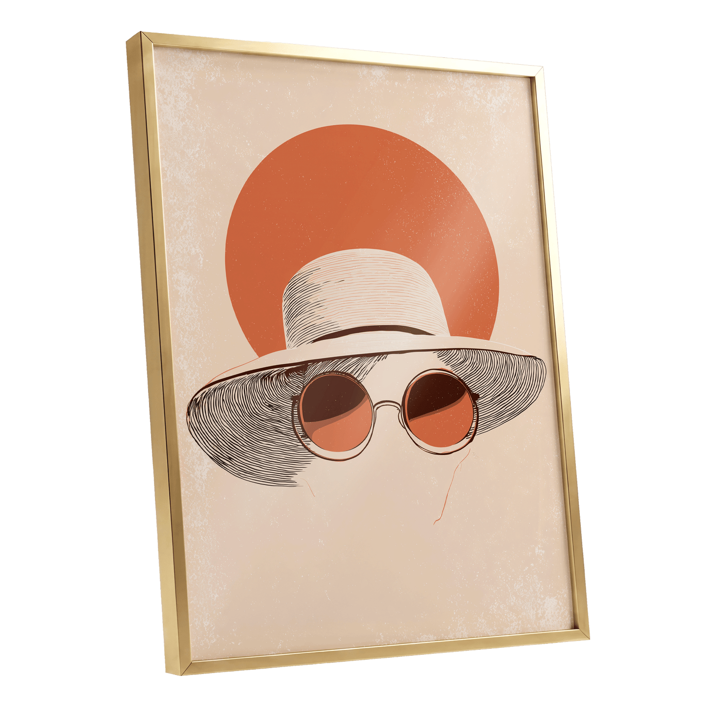 Sunshade Silhouette, beige, orange, brown minimalist wall art shown as a gold framed poster wall art print