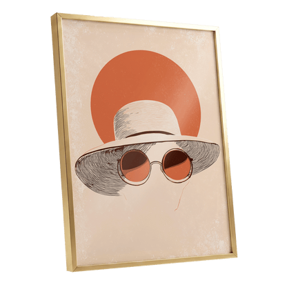 Sunshade Silhouette, beige, orange, brown minimalist wall art shown as a gold framed poster wall art print