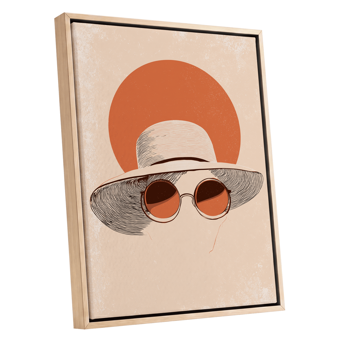 Sunshade Silhouette, beige, orange, brown minimalist wall art shown as a oak framed canvas wall art