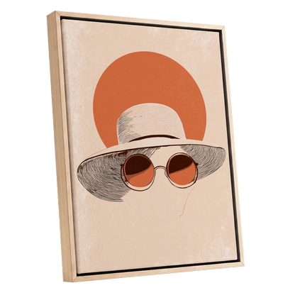 Sunshade Silhouette, beige, orange, brown minimalist wall art shown as a oak framed canvas wall art