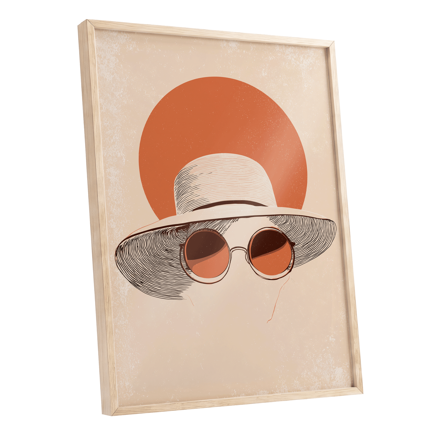 Sunshade Silhouette, beige, orange, brown minimalist wall art shown as a oak framed poster wall art print