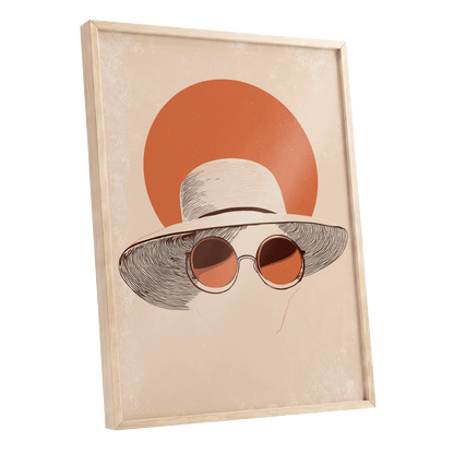Sunshade Silhouette, beige, orange, brown minimalist wall art shown as a oak framed poster wall art print