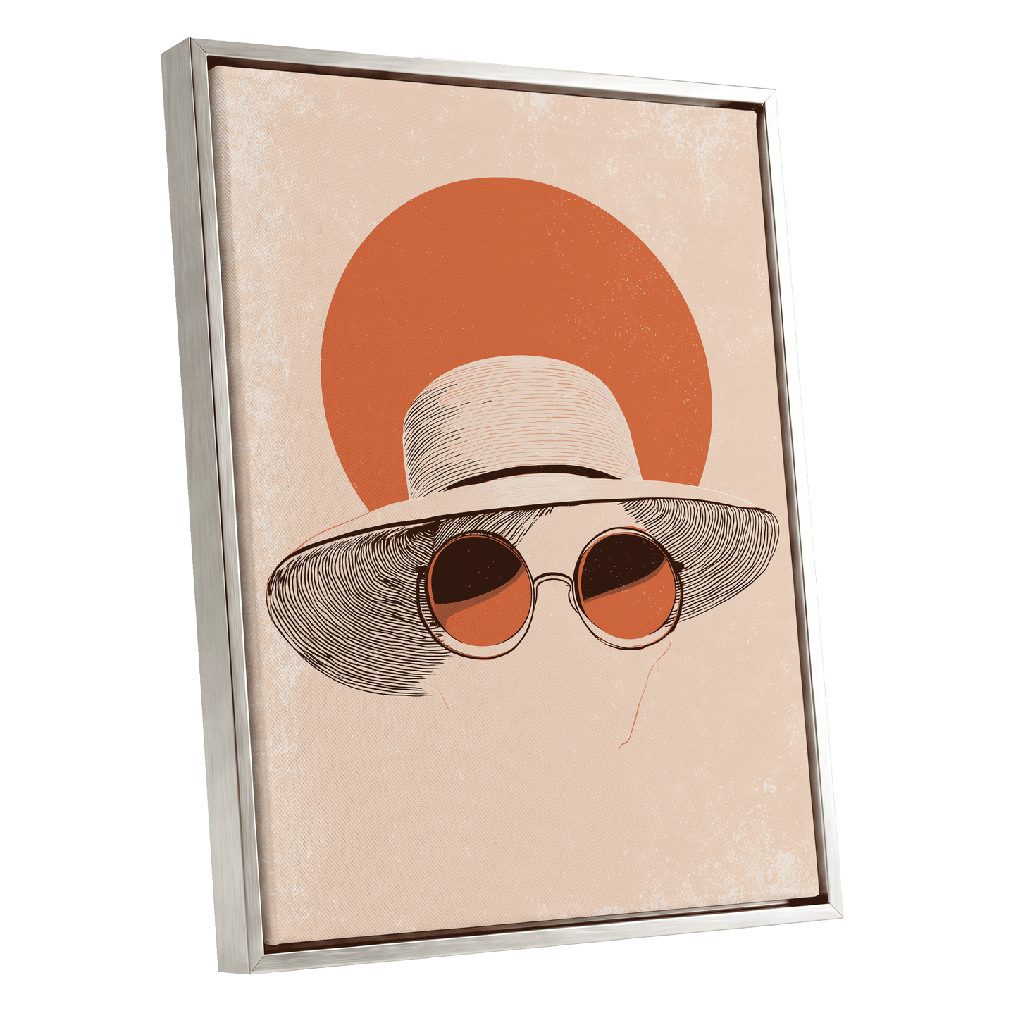 Sunshade Silhouette, beige, orange, brown minimalist wall art shown as a silver framed canvas wall art