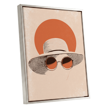Sunshade Silhouette, beige, orange, brown minimalist wall art shown as a silver framed canvas wall art