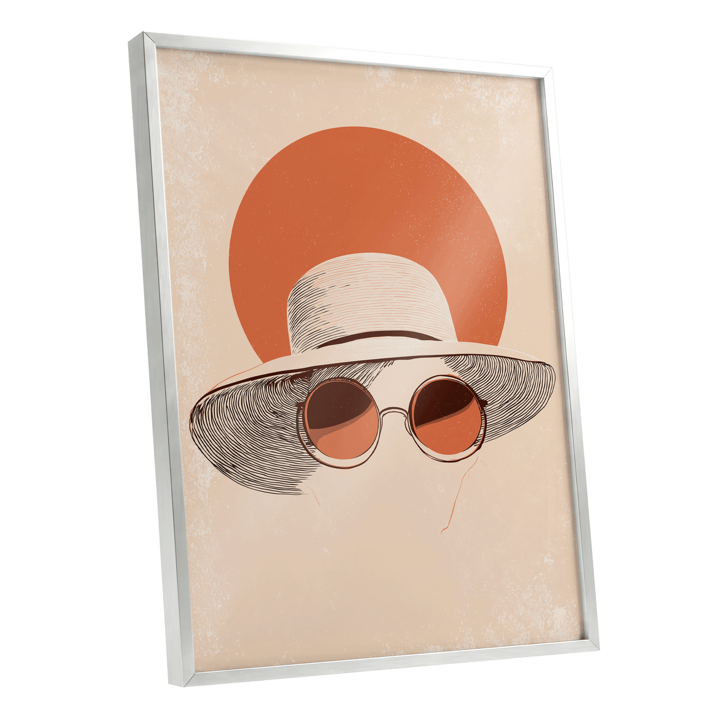 Sunshade Silhouette, beige, orange, brown minimalist wall art shown as a silver framed poster wall art print