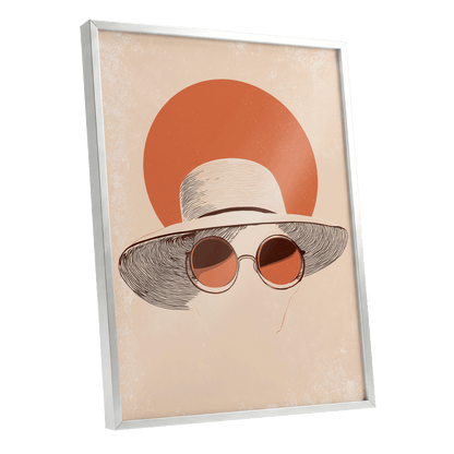 Sunshade Silhouette, beige, orange, brown minimalist wall art shown as a silver framed poster wall art print