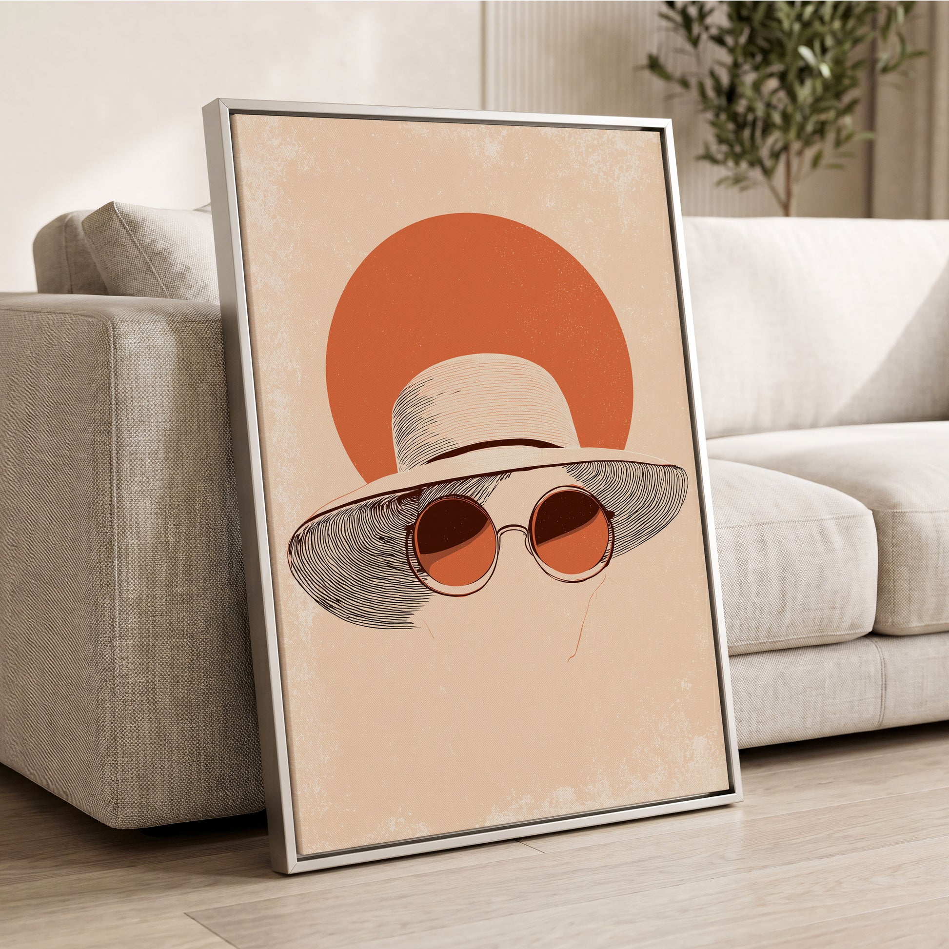 Sunshade Silhouette, beige, orange, brown minimalist wall art displayed in a styled interior, gallery view 2