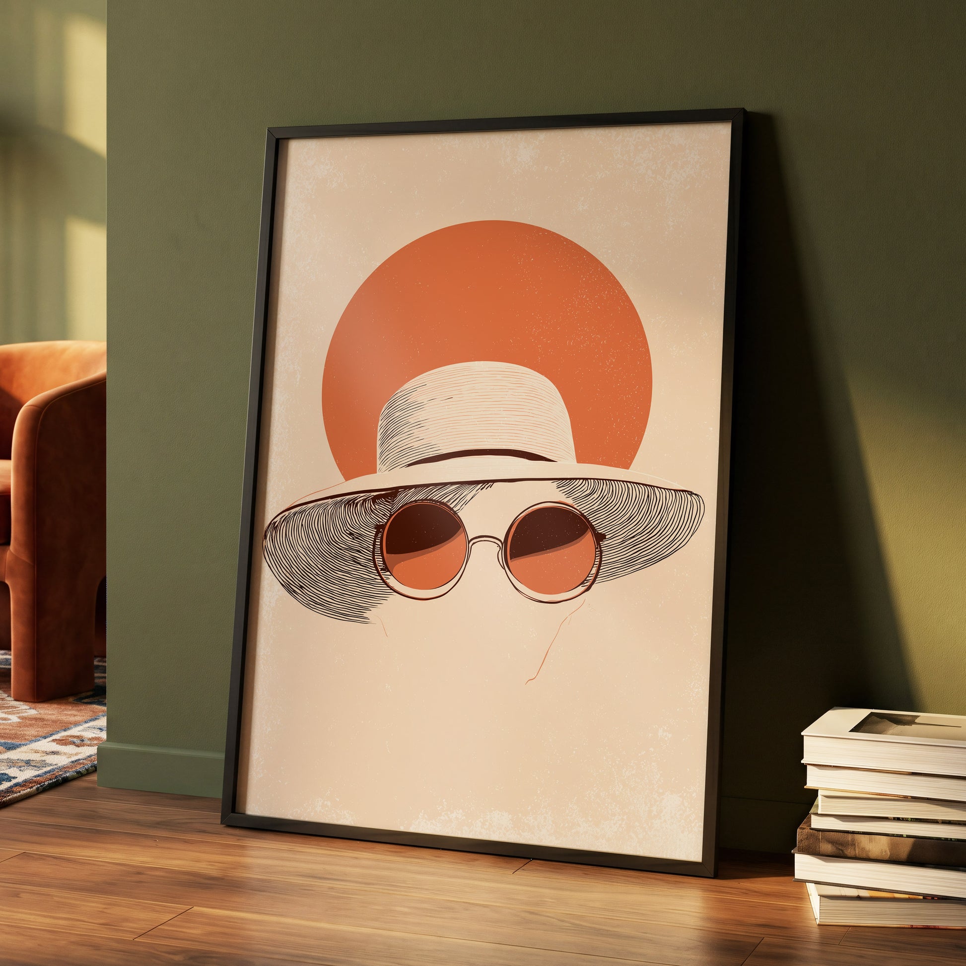 Sunshade Silhouette, beige, orange, brown minimalist wall art displayed in a styled interior, gallery view 4