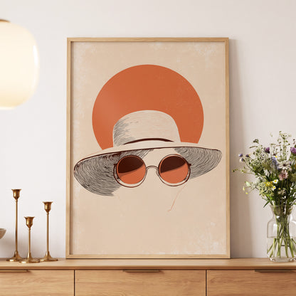 Sunshade Silhouette, beige, orange, brown minimalist wall art displayed in a styled interior, gallery view 5