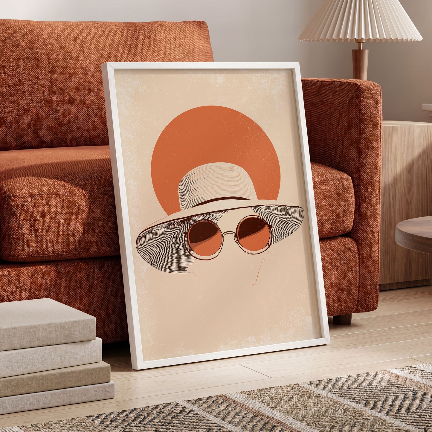 Sunshade Silhouette, beige, orange, brown minimalist wall art displayed in a styled interior, gallery view 6