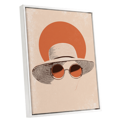 Sunshade Silhouette, beige, orange, brown minimalist wall art shown as a white framed canvas wall art