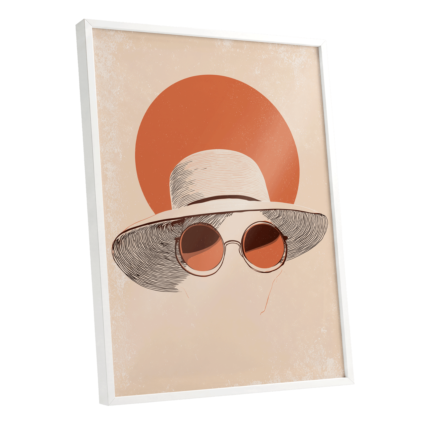 Sunshade Silhouette, beige, orange, brown minimalist wall art shown as a white framed poster wall art print