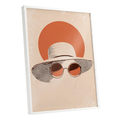 Sunshade Silhouette, beige, orange, brown minimalist wall art shown as a white framed poster wall art print