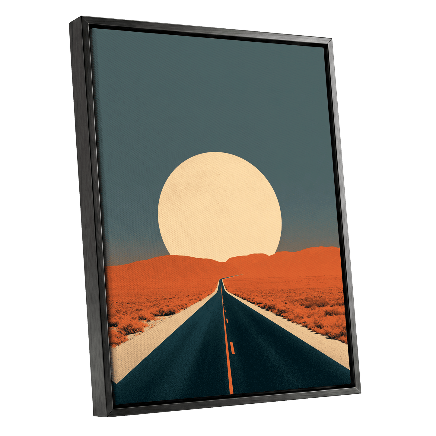 Sunward Highway, black, blue, orange nature wall art shown as a black framed canvas wall art