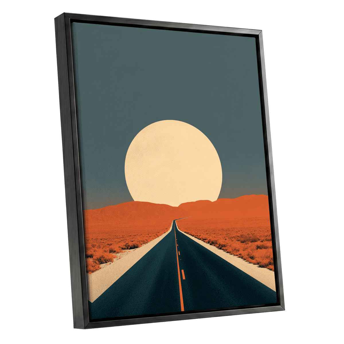 Sunward Highway, black, blue, orange nature wall art shown as a black framed canvas wall art