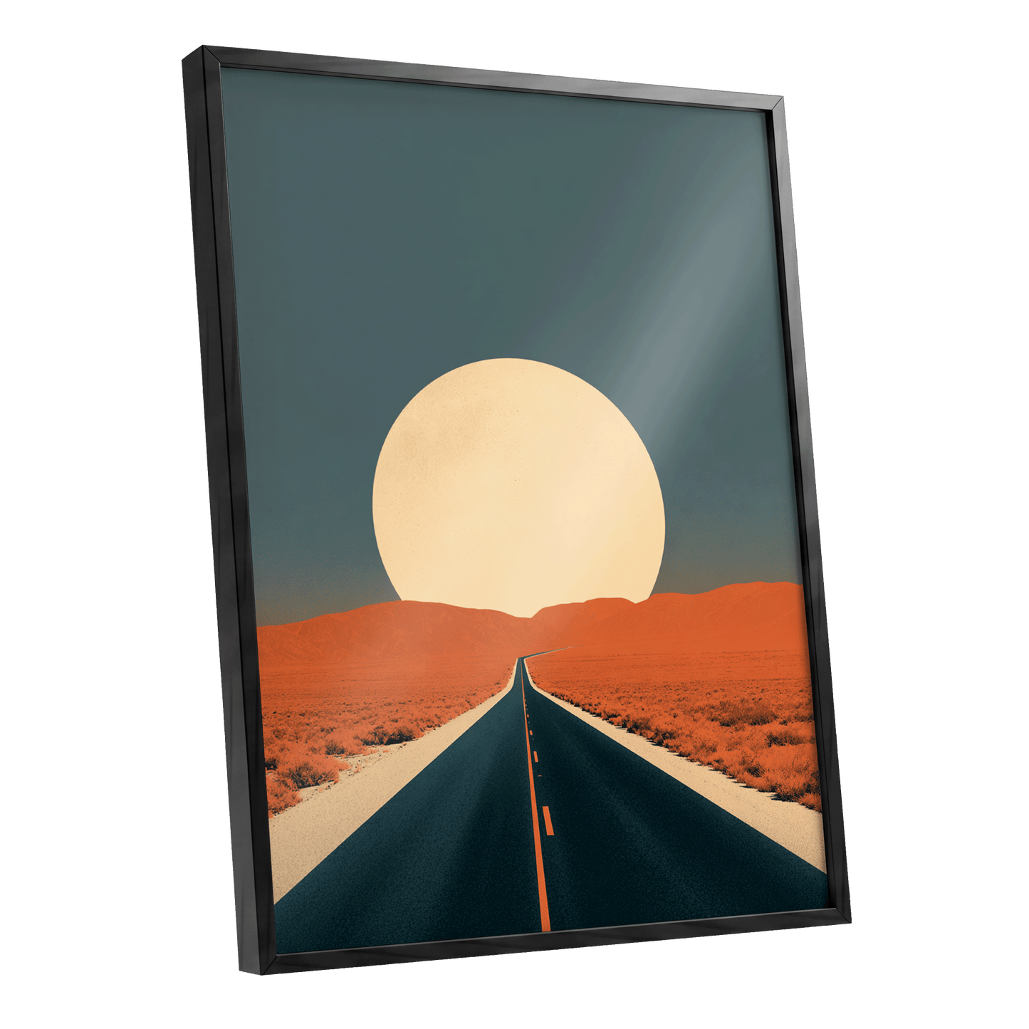 Sunward Highway, black, blue, orange nature wall art shown as a black framed poster wall art print