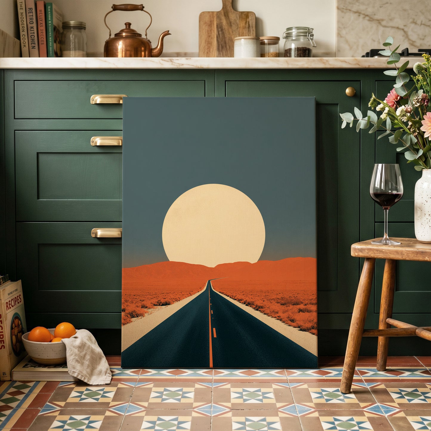Sunward Highway, black, blue, orange nature wall art on canvas displayed in a styled interior, gallery view 1