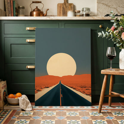 Sunward Highway, black, blue, orange nature wall art on canvas displayed in a styled interior, gallery view 1