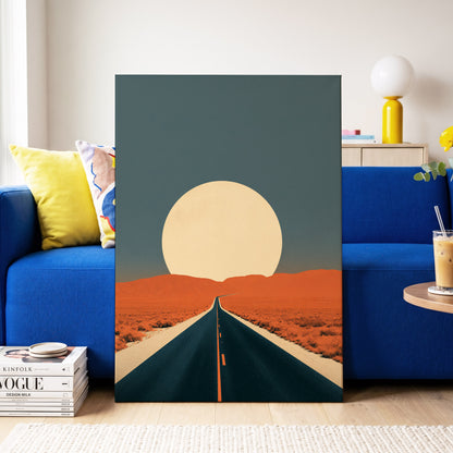 Sunward Highway, black, blue, orange nature wall art on canvas displayed in a styled interior, gallery view 2