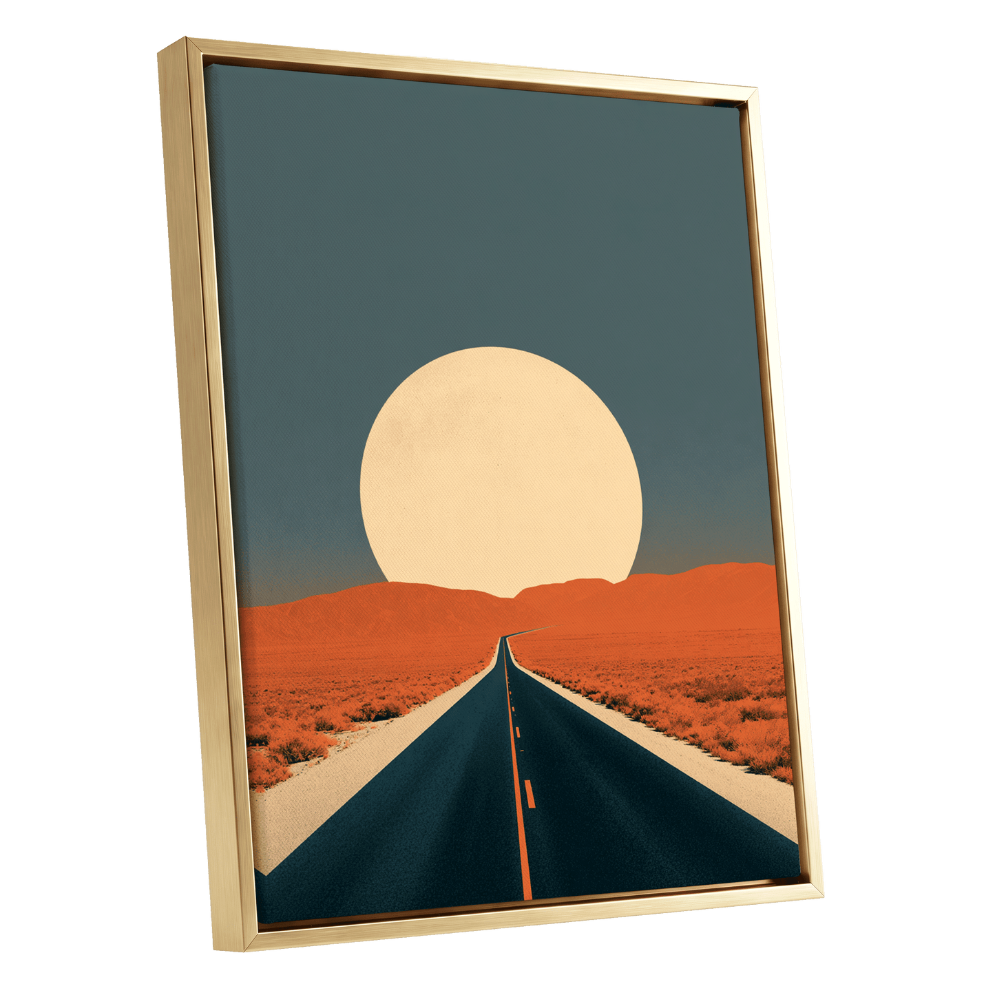 Sunward Highway, black, blue, orange nature wall art shown as a gold framed canvas wall art
