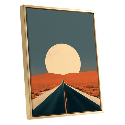 Sunward Highway, black, blue, orange nature wall art shown as a gold framed canvas wall art