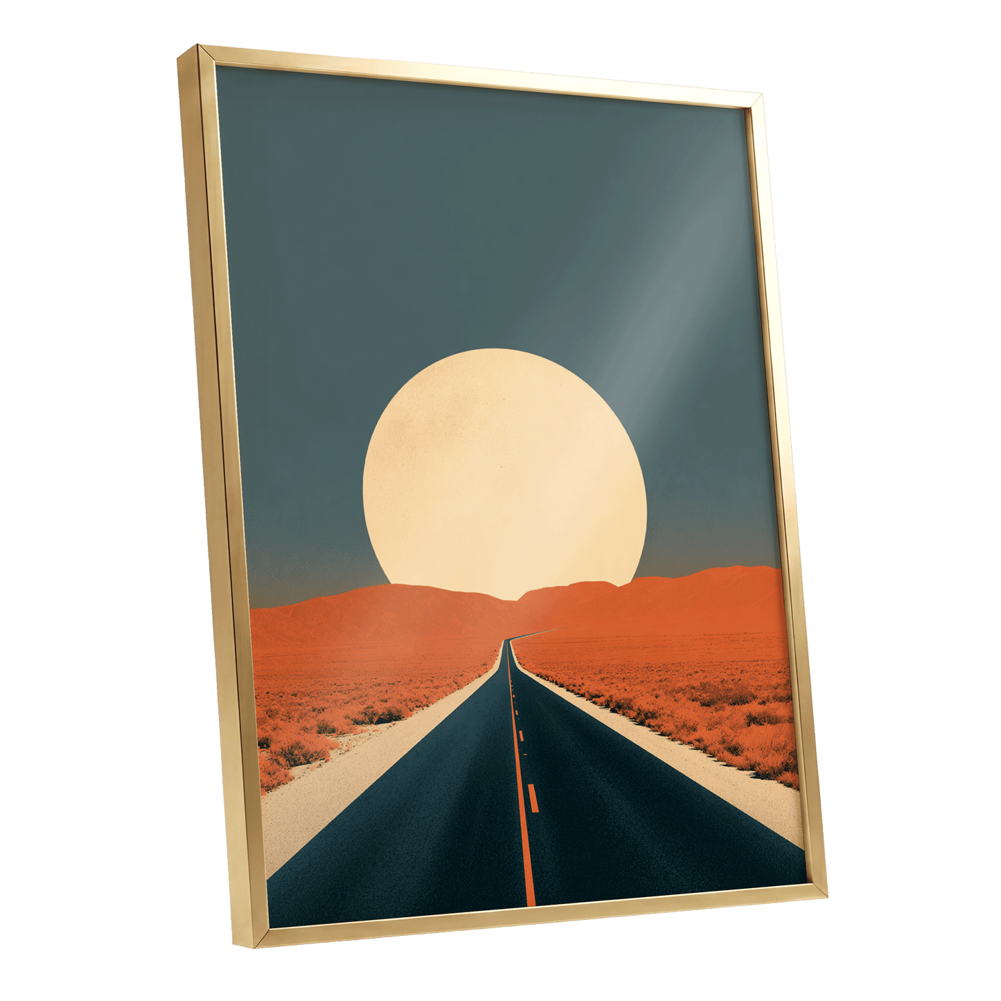 Sunward Highway, black, blue, orange nature wall art shown as a gold framed poster wall art print