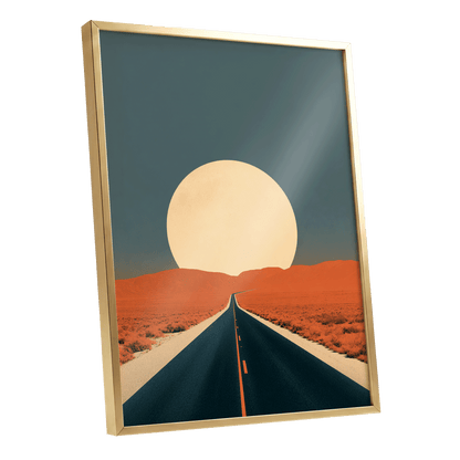 Sunward Highway, black, blue, orange nature wall art shown as a gold framed poster wall art print