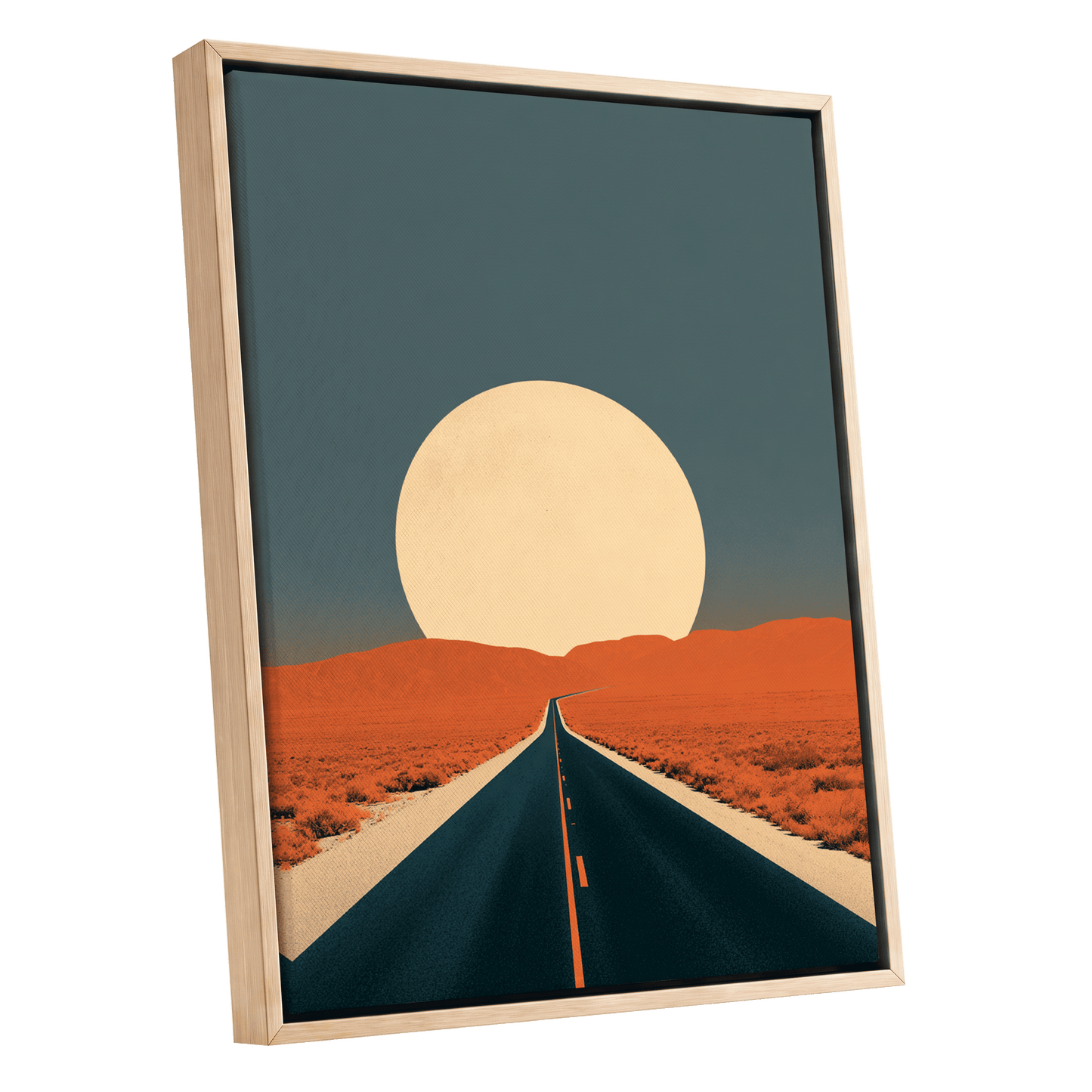 Sunward Highway, black, blue, orange nature wall art shown as a oak framed canvas wall art