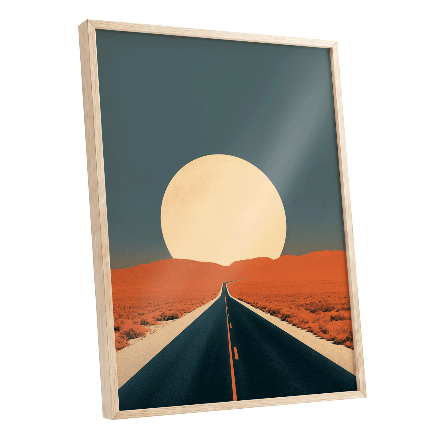 Sunward Highway, black, blue, orange nature wall art shown as a oak framed poster wall art print