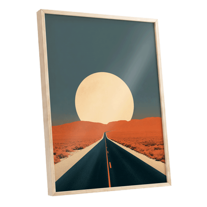 Sunward Highway, black, blue, orange nature wall art shown as a oak framed poster wall art print