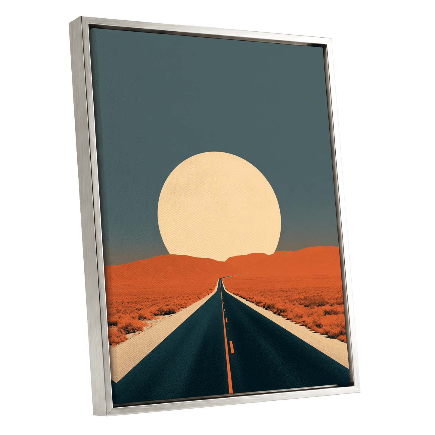 Sunward Highway, black, blue, orange nature wall art shown as a silver framed canvas wall art