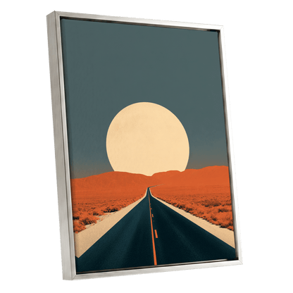 Sunward Highway, black, blue, orange nature wall art shown as a silver framed canvas wall art