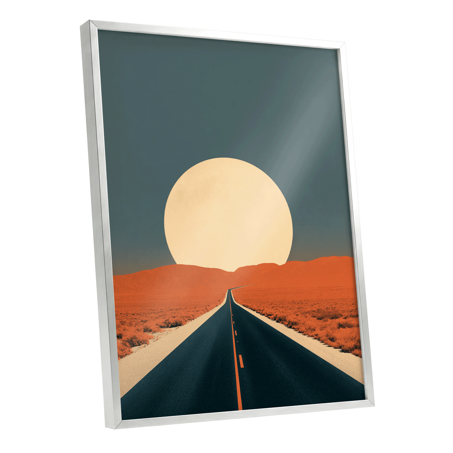 Sunward Highway, black, blue, orange nature wall art shown as a silver framed poster wall art print