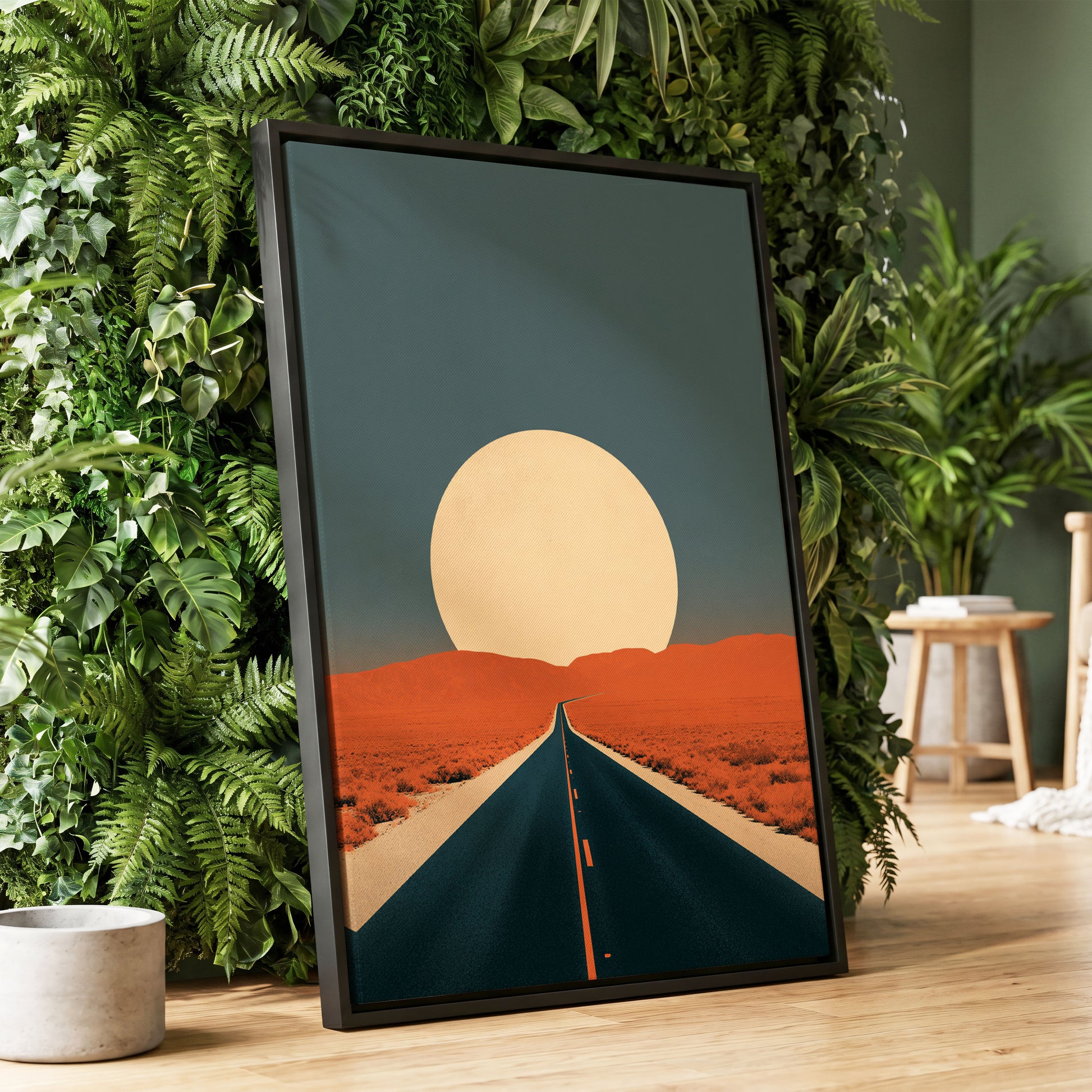 Sunward Highway, black, blue, orange nature wall art displayed in a styled interior, gallery view 1