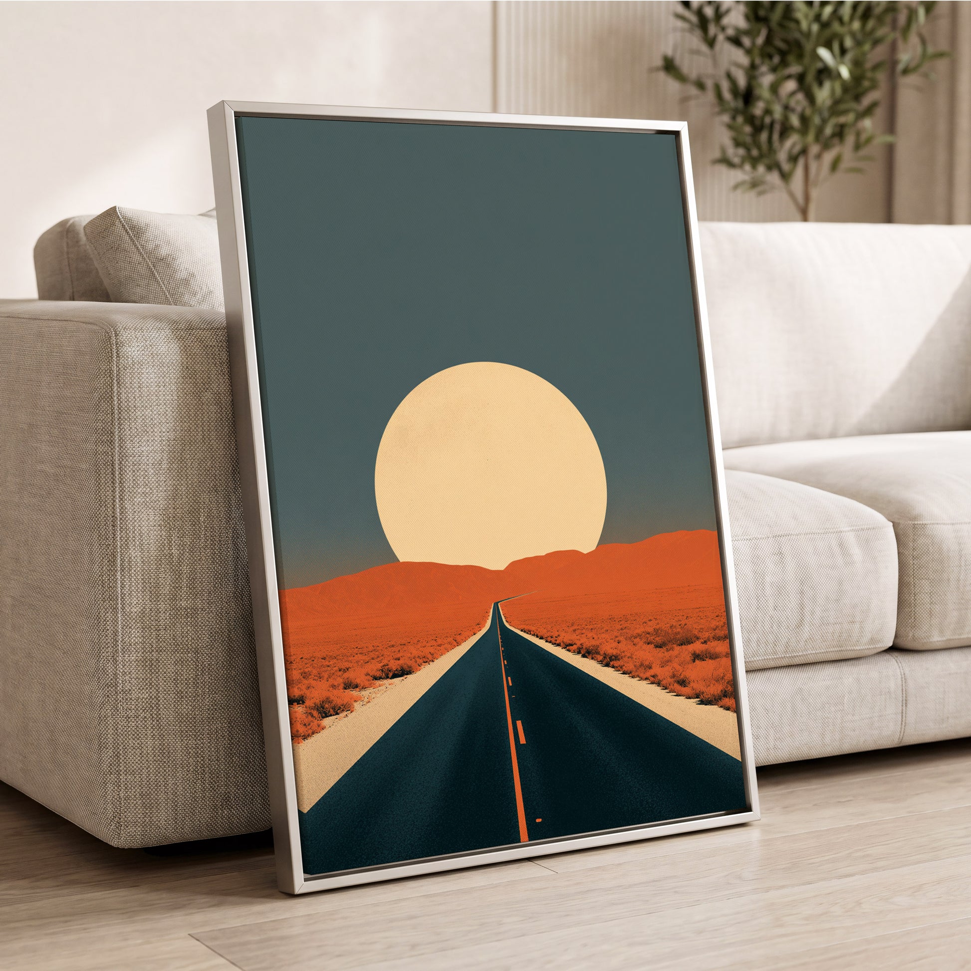 Sunward Highway, black, blue, orange nature wall art displayed in a styled interior, gallery view 2