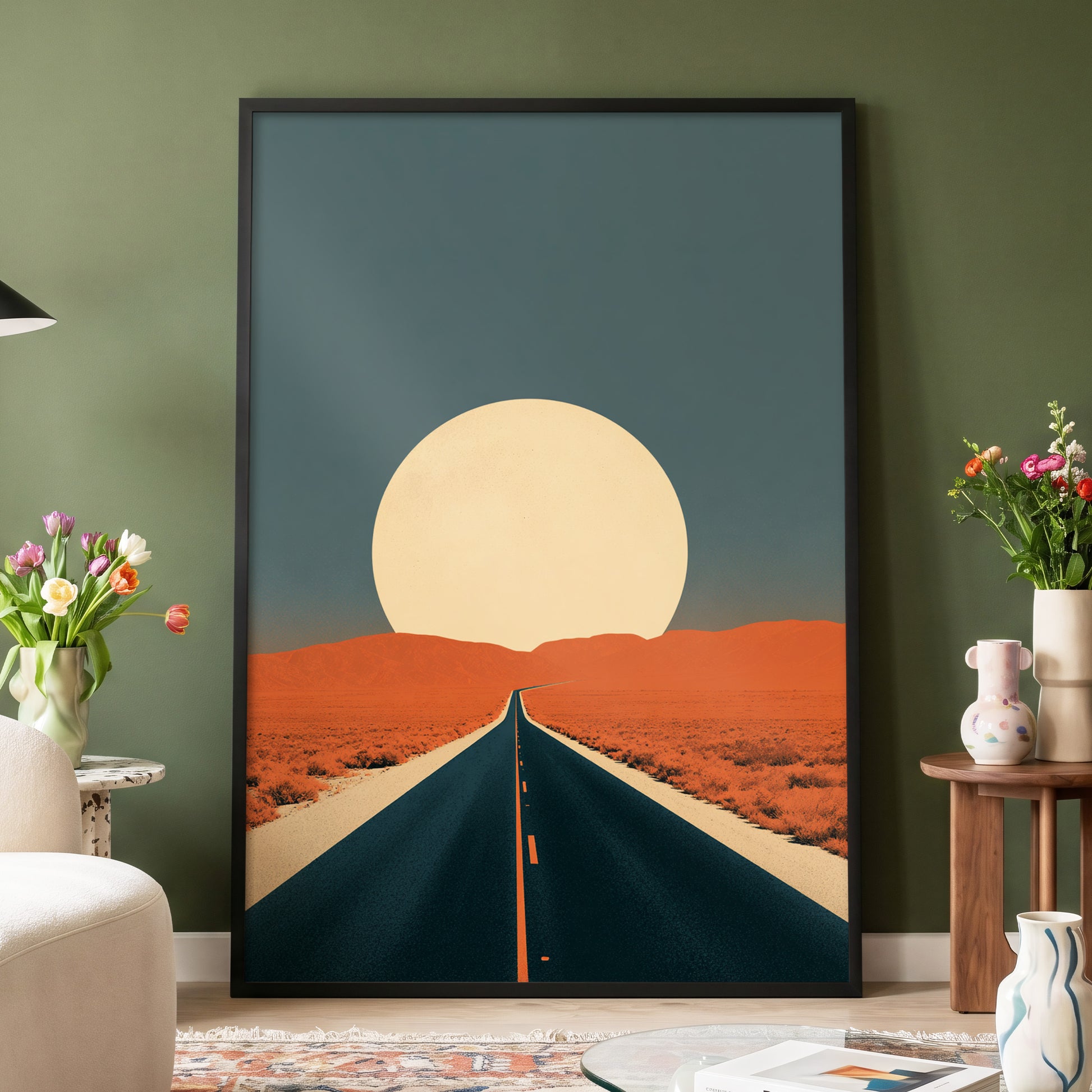 Sunward Highway, black, blue, orange nature wall art displayed in a styled interior, gallery view 4