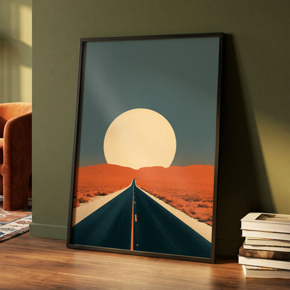 Sunward Highway, black, blue, orange nature wall art displayed in a styled interior, gallery view 5