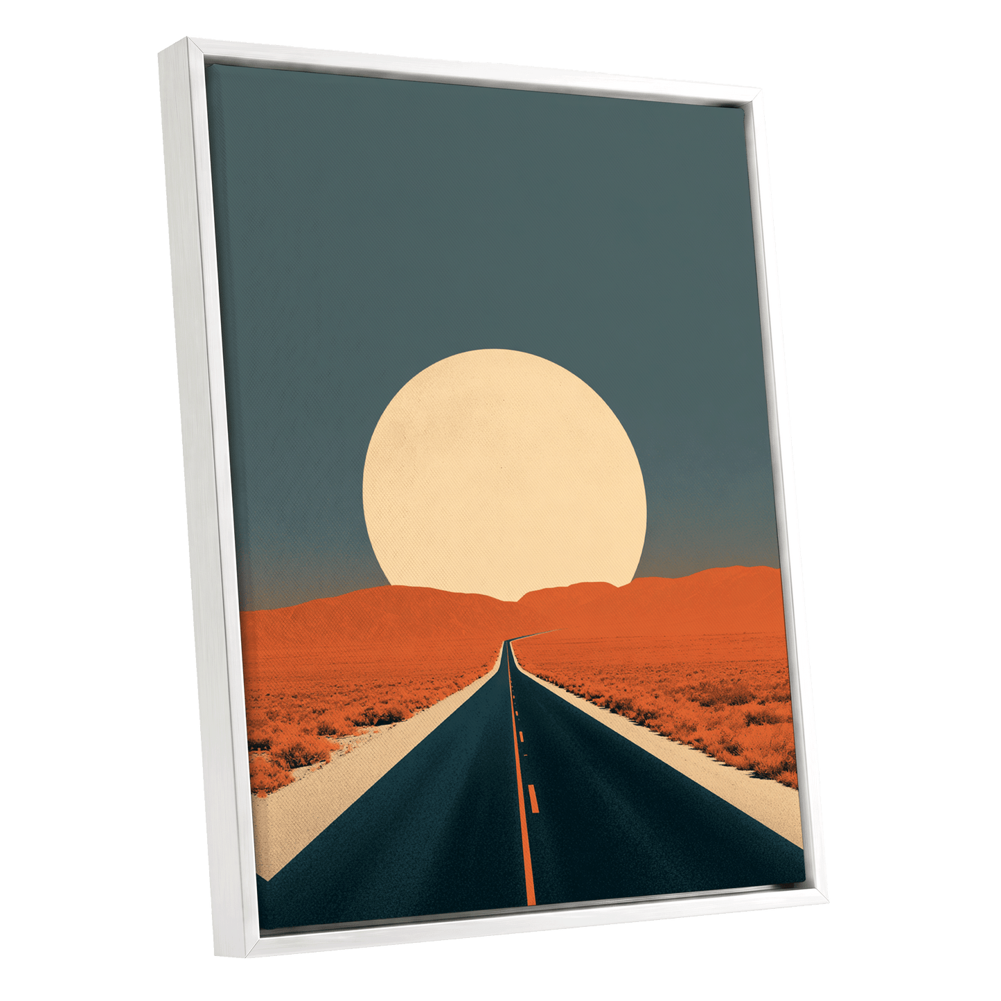 Sunward Highway, black, blue, orange nature wall art shown as a white framed canvas wall art