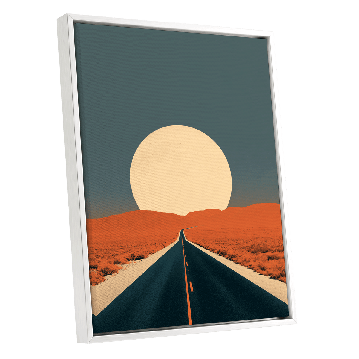 Sunward Highway, black, blue, orange nature wall art shown as a white framed canvas wall art