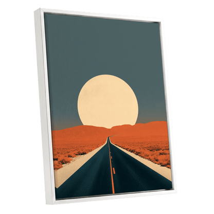 Sunward Highway, black, blue, orange nature wall art shown as a white framed canvas wall art