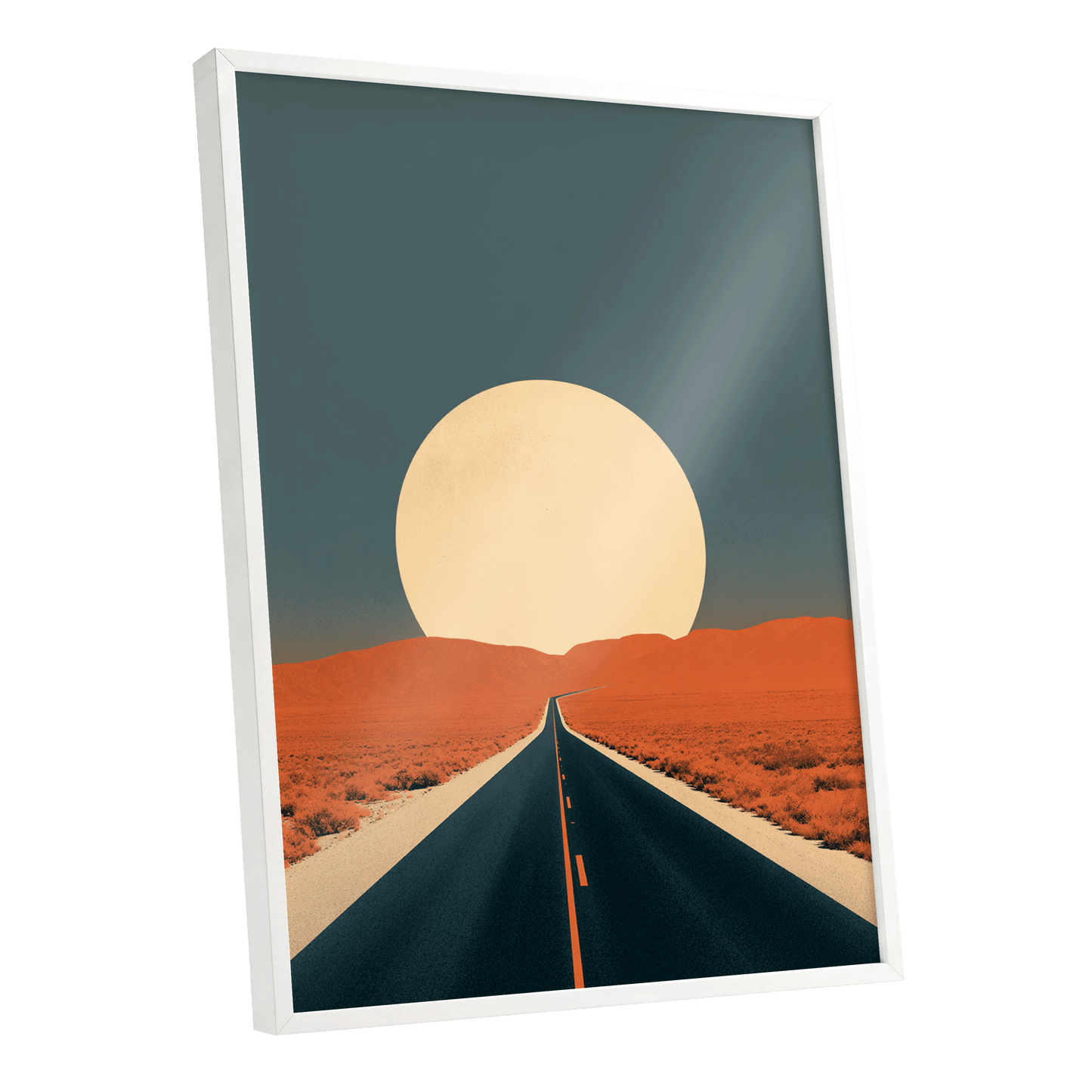 Sunward Highway, black, blue, orange nature wall art shown as a white framed poster wall art print