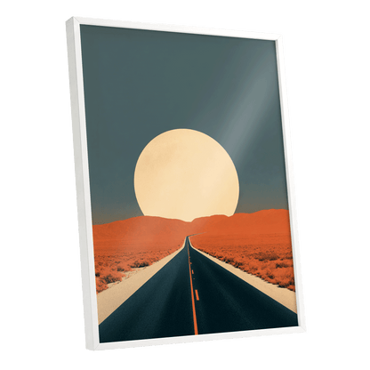 Sunward Highway, black, blue, orange nature wall art shown as a white framed poster wall art print